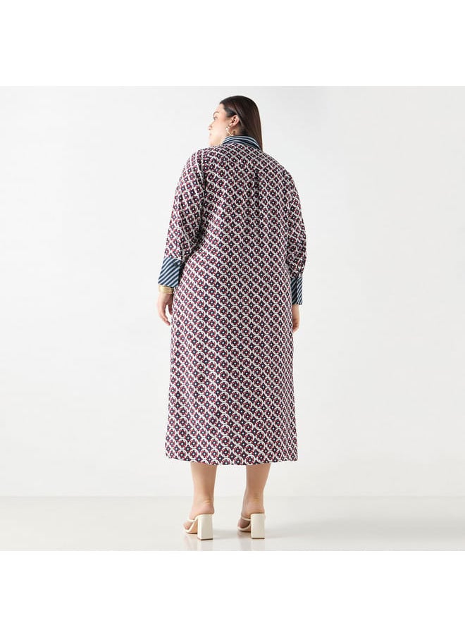 Ulla Popken Plus Size Ulla Popken Geometric Print Shirt Dress with Long Sleeves  - Image 3