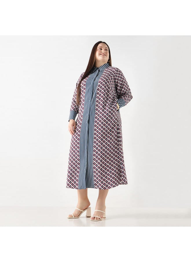 Ulla Popken Plus Size Ulla Popken Geometric Print Shirt Dress with Long Sleeves  - Image 2
