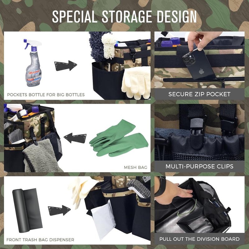 SCAVATA Wearable Cleaning Caddy, Cleaning Caddy Supplies Organizer with Handle & Shoulder Straps for Housekeepers, Under Sink & Car Cleaning Tool Organizers Bag with 4 Foldable Divider (Camouflage) - Image 2