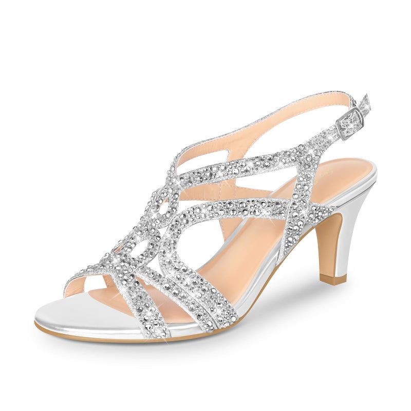 PIZZ ANNU Women's Amelia Heels Sandals Sparkle Crystal Open Toe Slingback High Heel Sandals Dress Pumps Shoes for Party Wedding, Silver 6.5 - Image 1