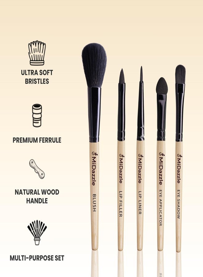 Omidazzle Midazzle Premium Makeup Brushes 5 Piece Set Beige Color, Travel Makeup Brushes for Makeup Artists, Blush, Lip Filler, Lip Liner, Eye Applicator, Eye Shadow, Wooden Brushes (MIMB1116) - Image 3