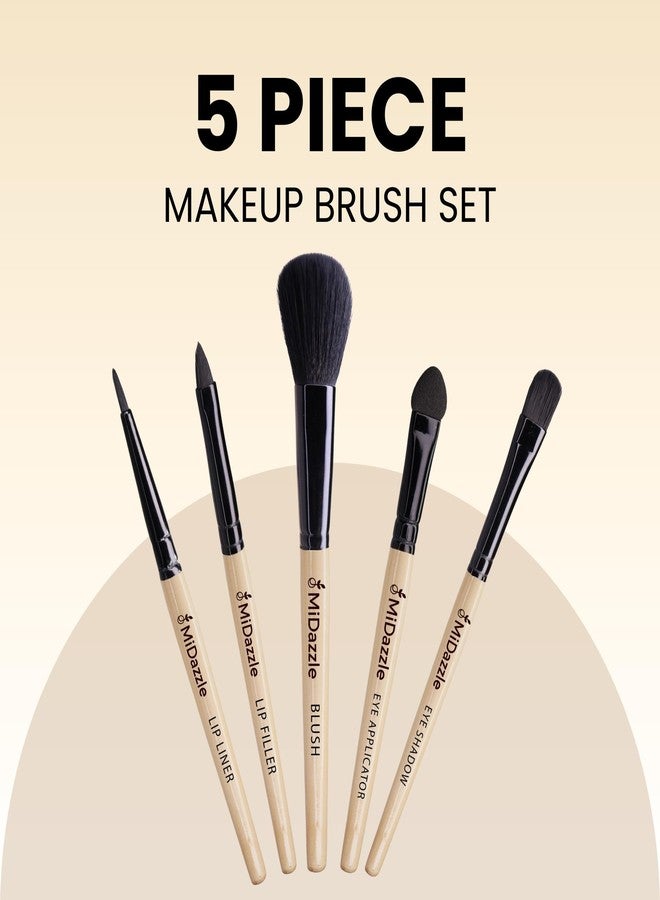 Omidazzle Midazzle Premium Makeup Brushes 5 Piece Set Beige Color, Travel Makeup Brushes for Makeup Artists, Blush, Lip Filler, Lip Liner, Eye Applicator, Eye Shadow, Wooden Brushes (MIMB1116) - Image 2