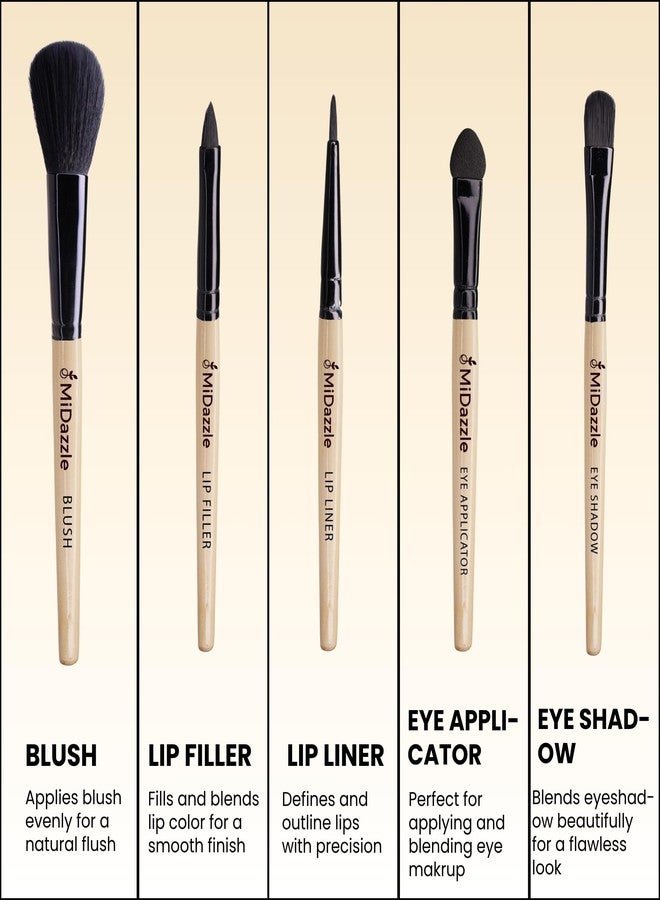 Omidazzle Midazzle Premium Makeup Brushes 5 Piece Set Beige Color, Travel Makeup Brushes for Makeup Artists, Blush, Lip Filler, Lip Liner, Eye Applicator, Eye Shadow, Wooden Brushes (MIMB1116) - Image 4