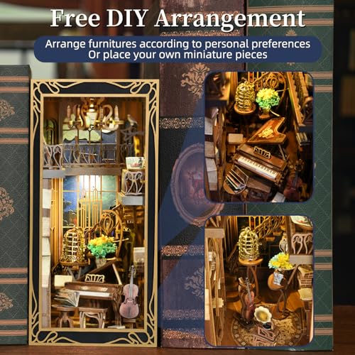 MiniCity DIY Book Nook Kit Miniature Dollhouse Booknook Kit 3D Wooden Puzzle Bookend Bookshelf Insert Decor with LED Light for Teens and Adults Pianist with Nightingale - Image 5