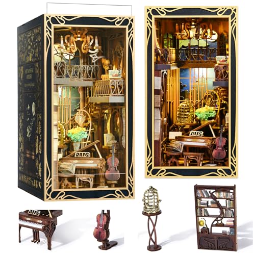 MiniCity DIY Book Nook Kit Miniature Dollhouse Booknook Kit 3D Wooden Puzzle Bookend Bookshelf Insert Decor with LED Light for Teens and Adults Pianist with Nightingale - Image 1