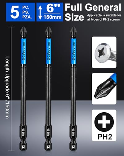DCWecher 6-Inch Long Phillips Head Drill & Screwdriver Bits 5-Pack, 2 Phillips Bits #2 Impact Magnetic, S2 Alloy Steel, CNC Anti-Slip, 1/4" Hex Shank, Ph2 for Impact Driver, by DCWecher - Image 4