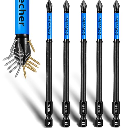 DCWecher 6-Inch Long Phillips Head Drill & Screwdriver Bits 5-Pack, 2 Phillips Bits #2 Impact Magnetic, S2 Alloy Steel, CNC Anti-Slip, 1/4" Hex Shank, Ph2 for Impact Driver, by DCWecher - Image 1