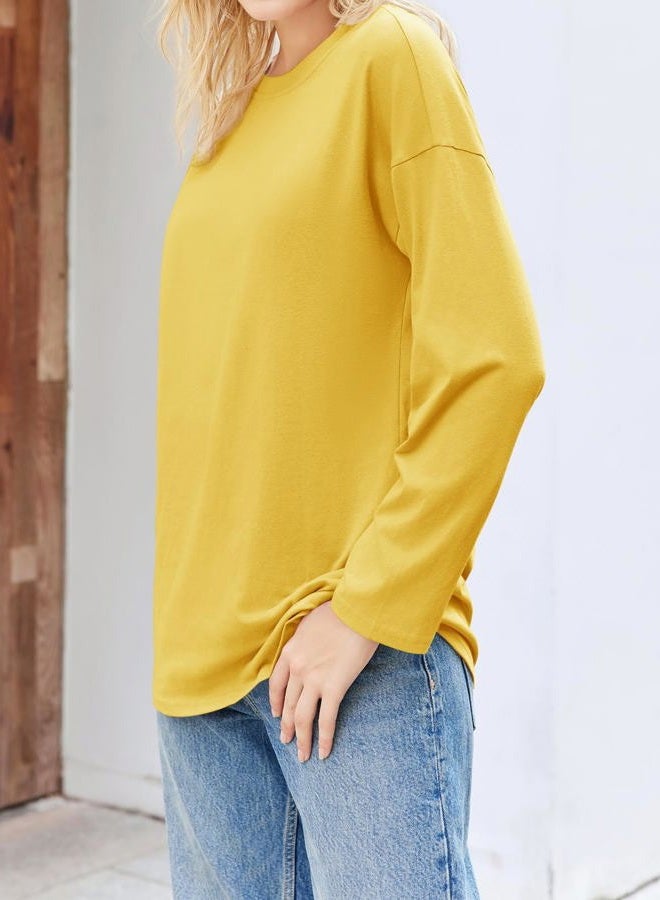 Fisoew Women's Long Sleeve Oversized T Shirts Loose Casual Crewneck Tunic Tops Soft Blouse, 01-yellow, XL - Image 3