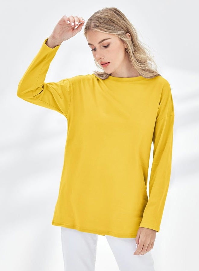 Fisoew Women's Long Sleeve Oversized T Shirts Loose Casual Crewneck Tunic Tops Soft Blouse, 01-yellow, XL - Image 2