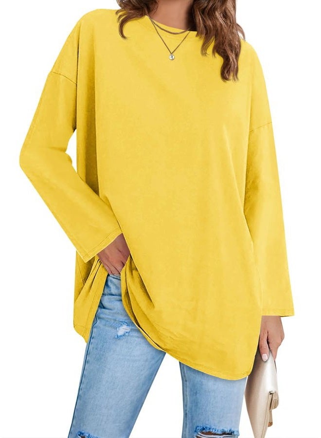 Fisoew Women's Long Sleeve Oversized T Shirts Loose Casual Crewneck Tunic Tops Soft Blouse, 01-yellow, XL - Image 1