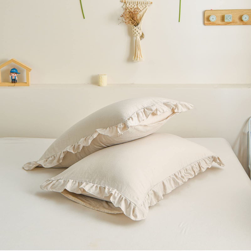 Merryword Beige Pillowcases Ruffled Pillow Shams Beige Grey Ruffle Standard/Queen Pillowcases Set of 2 Shabby Chic Pillowcases 2 Pack (Queen (20''x30'')  Beige Grey) - Image 2