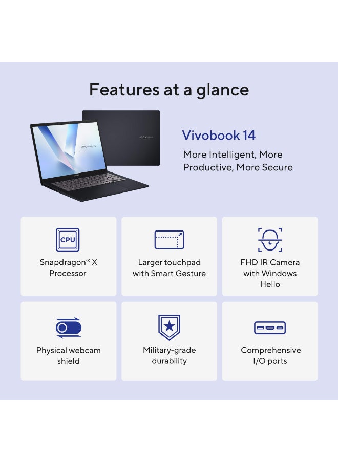 ASUS Vivobook 14 14" FHD+ Laptop, Copilot+ PC - Snapdragon X with 16GB RAM, 512GB SSD, Qualcomm Adreno Graphics, Windows 11 Home English Quiet Blue - Image 3