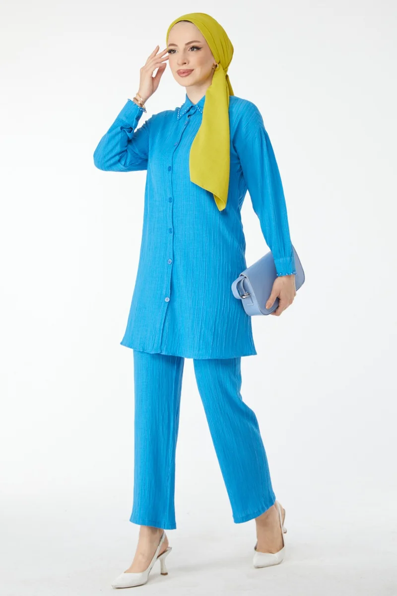 Tofisa 24505-BLUE Beaded Detailed Two Piece Suit