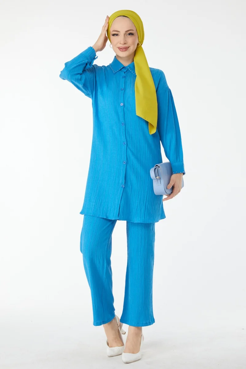 Tofisa 24505-BLUE Beaded Detailed Two Piece Suit