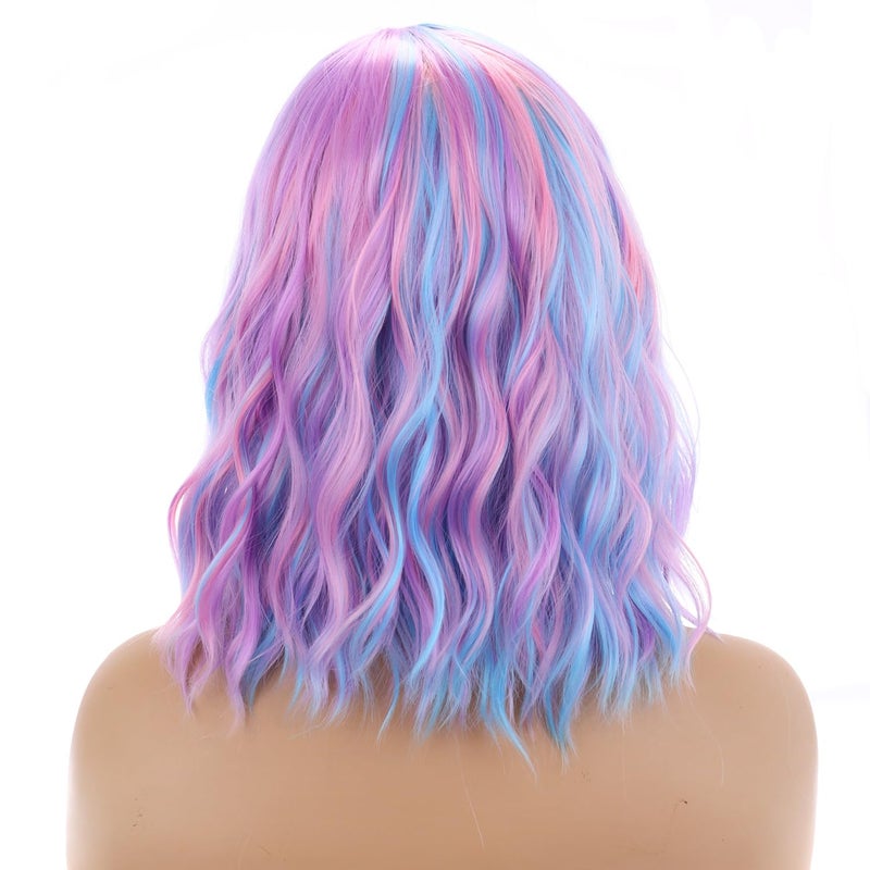 BERON 14 Inches Pink Blue Wig Short Curly Bob Wig Charming Women Girls Beach Wave Wigs for Cosplay Costume Party Wig Cap Included - Image 4