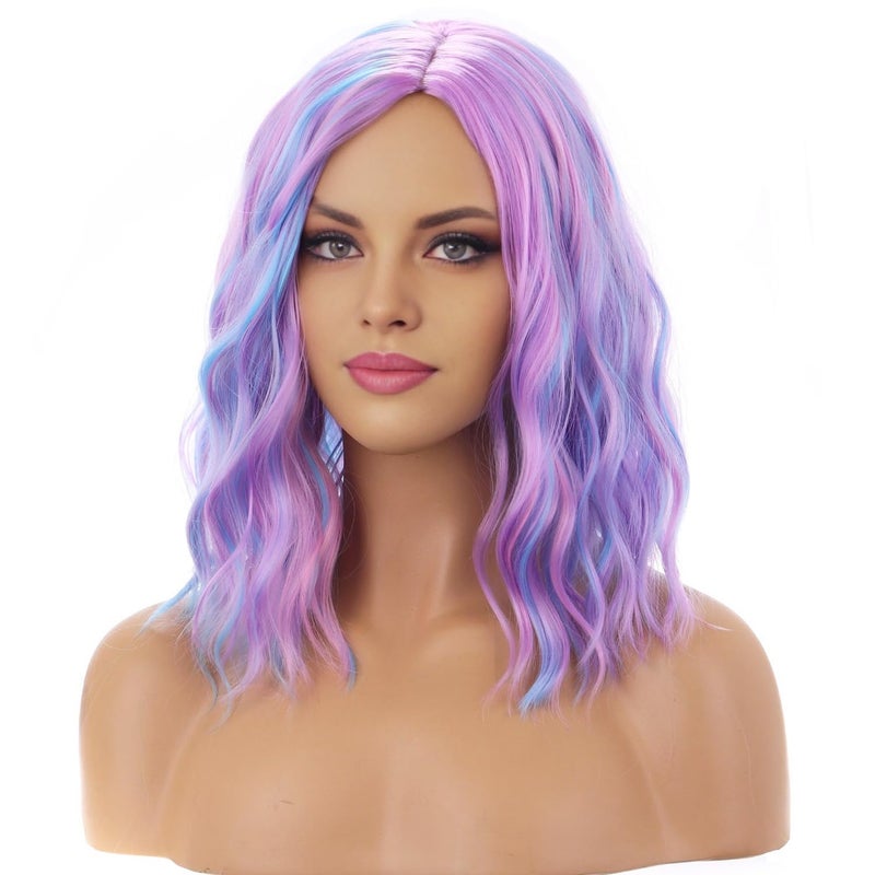 BERON 14 Inches Pink Blue Wig Short Curly Bob Wig Charming Women Girls Beach Wave Wigs for Cosplay Costume Party Wig Cap Included - Image 1