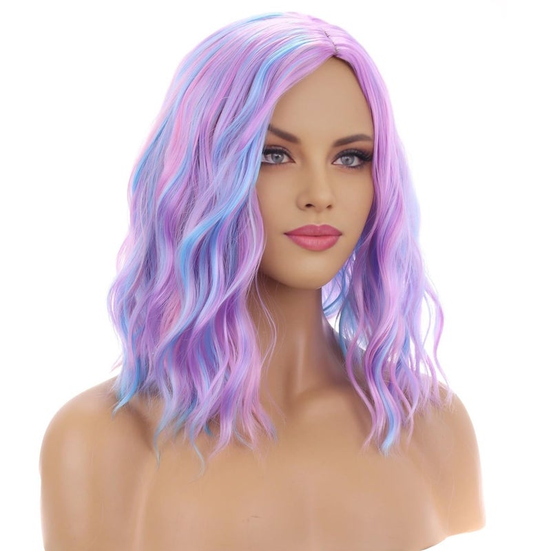 BERON 14 Inches Pink Blue Wig Short Curly Bob Wig Charming Women Girls Beach Wave Wigs for Cosplay Costume Party Wig Cap Included - Image 3