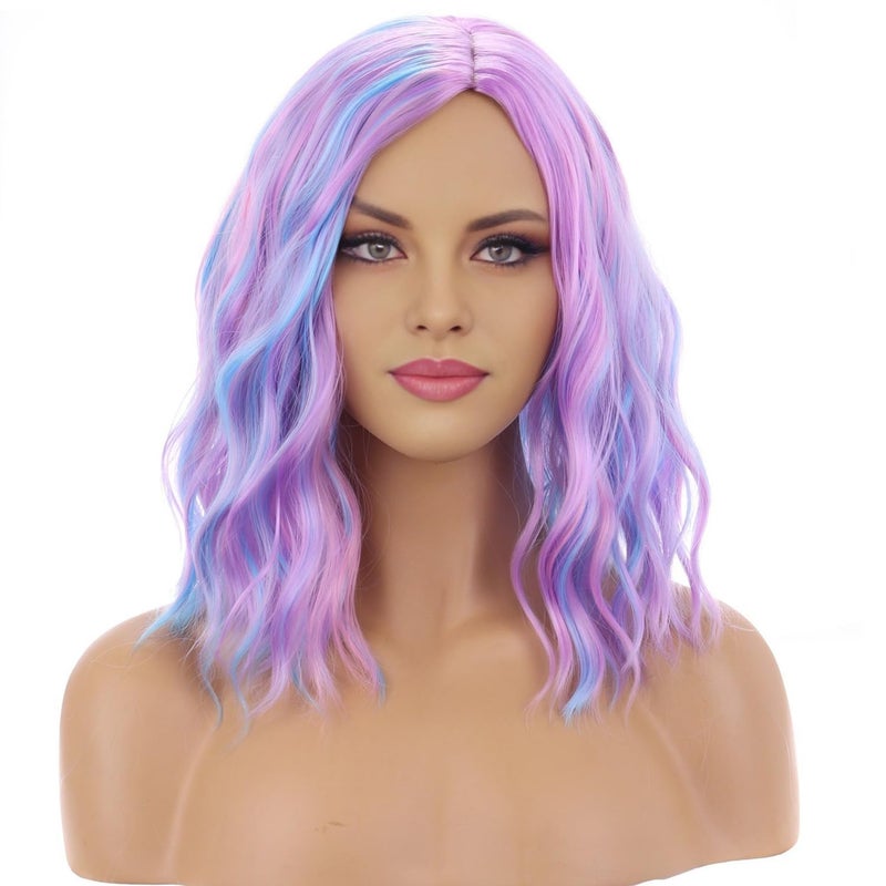 BERON 14 Inches Pink Blue Wig Short Curly Bob Wig Charming Women Girls Beach Wave Wigs for Cosplay Costume Party Wig Cap Included - Image 2