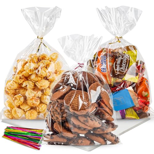 NPLUX 100 Pack Cellophane Bags Small Plastic Cookie Bag Clear Treat Bags with Twist Ties for Small Gift Party Favors, Bakery, Candy, Popcorn (6×10In) - Image 1