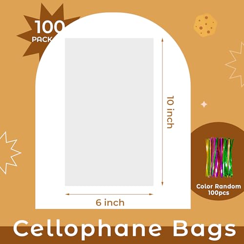 NPLUX 100 Pack Cellophane Bags Small Plastic Cookie Bag Clear Treat Bags with Twist Ties for Small Gift Party Favors, Bakery, Candy, Popcorn (6×10In) - Image 3