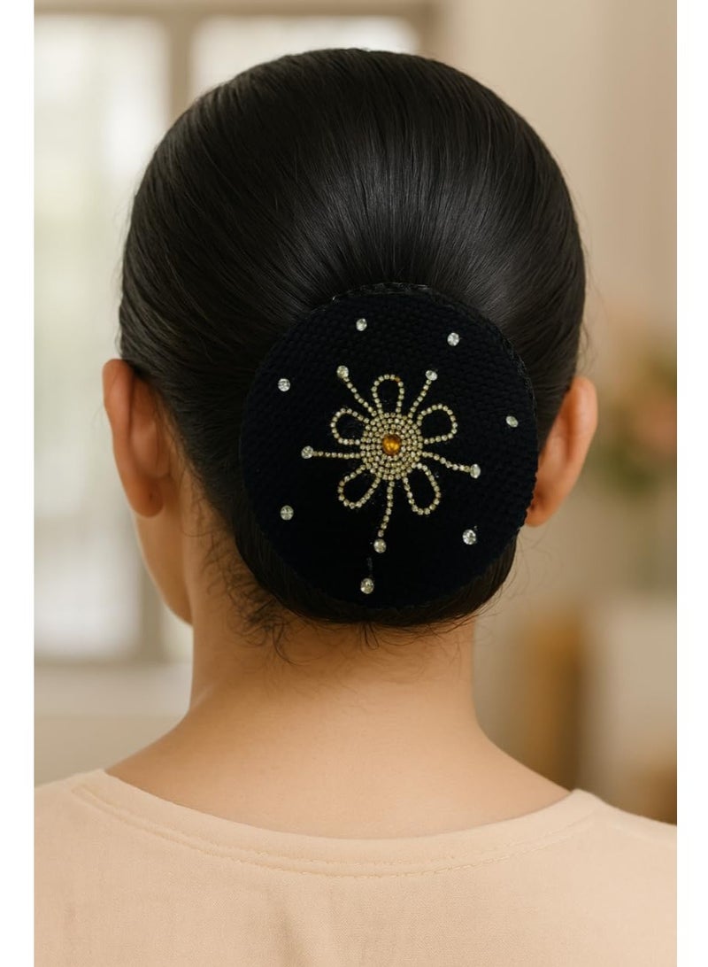 مملكة الإكسسوارات كعكة شعر وتاج من أكسسورايز كينغدوم مزينة بزهرة من أحجار الراين | غطاء شبكي أنيق للبنات والنساء (أسود 5) - Image 1