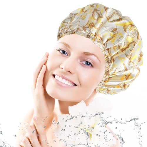 CHFONG Shower Cap for Women4 PCS Elastic and Reusable Bath Caps Double Layers Shower Caps Reusable Waterproof Bathing Shower Caps Environmental Bath Hair Protection Cap Butterfly D - Image 3