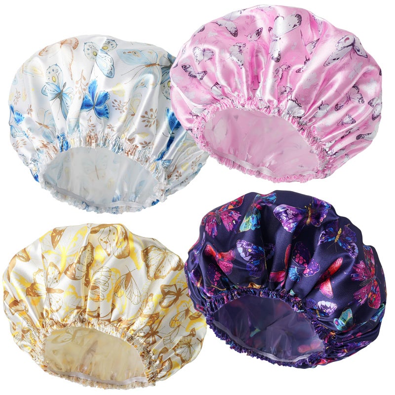 CHFONG Shower Cap for Women4 PCS Elastic and Reusable Bath Caps Double Layers Shower Caps Reusable Waterproof Bathing Shower Caps Environmental Bath Hair Protection Cap Butterfly D - Image 2