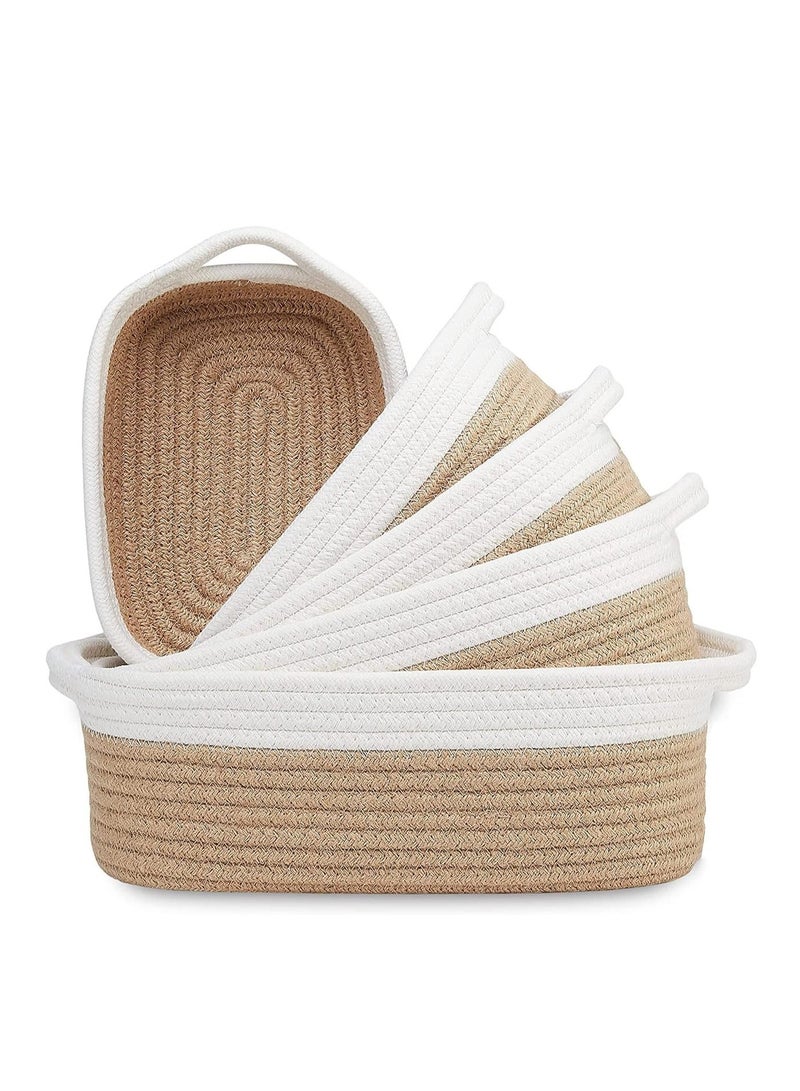 5 Pcs Decorative Woven Basket Set, Small Woven Basket, Cotton Rope Woven Baskets For Organizing, Rectangle Woven Baskets, Suit for Storage Of Toys, Towels & Keys (Brown/White) - Image 2