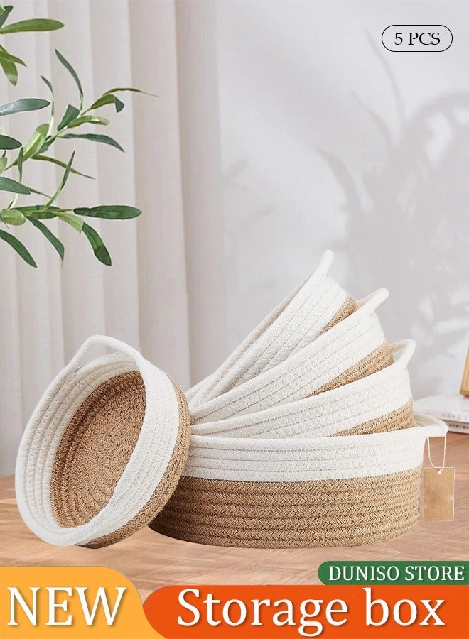 5 Pcs Decorative Woven Basket Set, Small Woven Basket, Cotton Rope Woven Baskets For Organizing, Rectangle Woven Baskets, Suit for Storage Of Toys, Towels & Keys (Brown/White) - Image 1