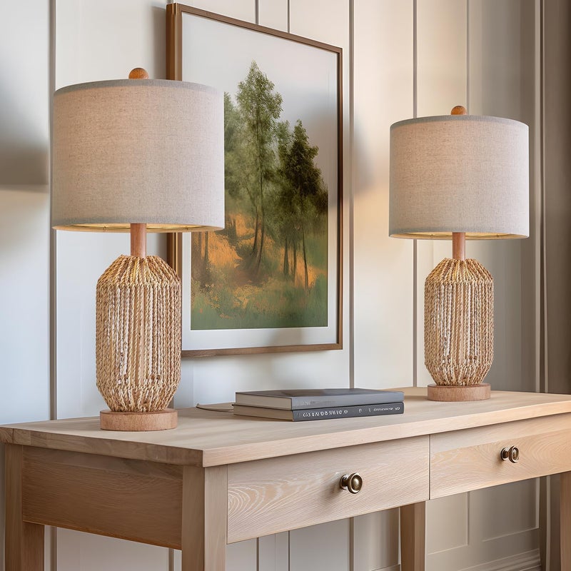 OYEARS 21" Boho Table Lamps Set of 2 for Living Room, Bedside Lamps for Nightstand, Rattan Lamp for Bedroom, Farmhouse Table Lamps for Boho Decor, End Table, Retro, Brown - Image 1