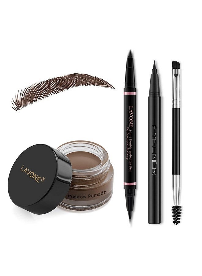 LAVONE Eyebrow Pencil Makeup Kit, With Waterproof 2-In-1 Microblading Eyebrow Pen, Eyebrow Pomade, Eyeliner And Dual-Ended Eyebrow Brush, Brow Pencil Kit For Natural Eyebrows - Dark Brown - Image 1