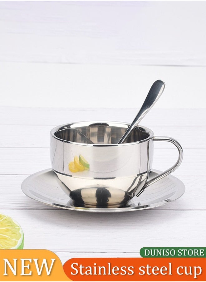 DUNISO Coffee Cup Set, Stainless Steel Espresso Cup, Portable Tea Cup，With  Plate And Spoon, Used For Latte, Cappuccino, Milk, Tea, 180ml, 8 * 5.5cm, Silver  - Image 1