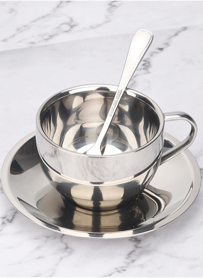 DUNISO Coffee Cup Set, Stainless Steel Espresso Cup, Portable Tea Cup，With  Plate And Spoon, Used For Latte, Cappuccino, Milk, Tea, 180ml, 8 * 5.5cm, Silver  - Image 5