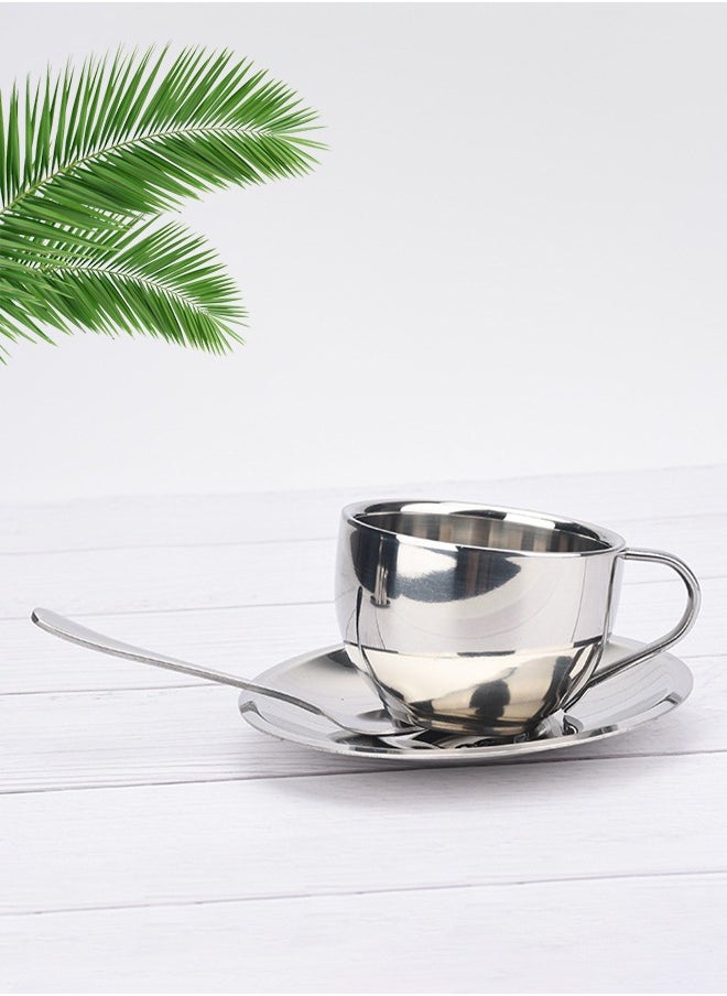 DUNISO Coffee Cup Set, Stainless Steel Espresso Cup, Portable Tea Cup，With  Plate And Spoon, Used For Latte, Cappuccino, Milk, Tea, 180ml, 8 * 5.5cm, Silver  - Image 3