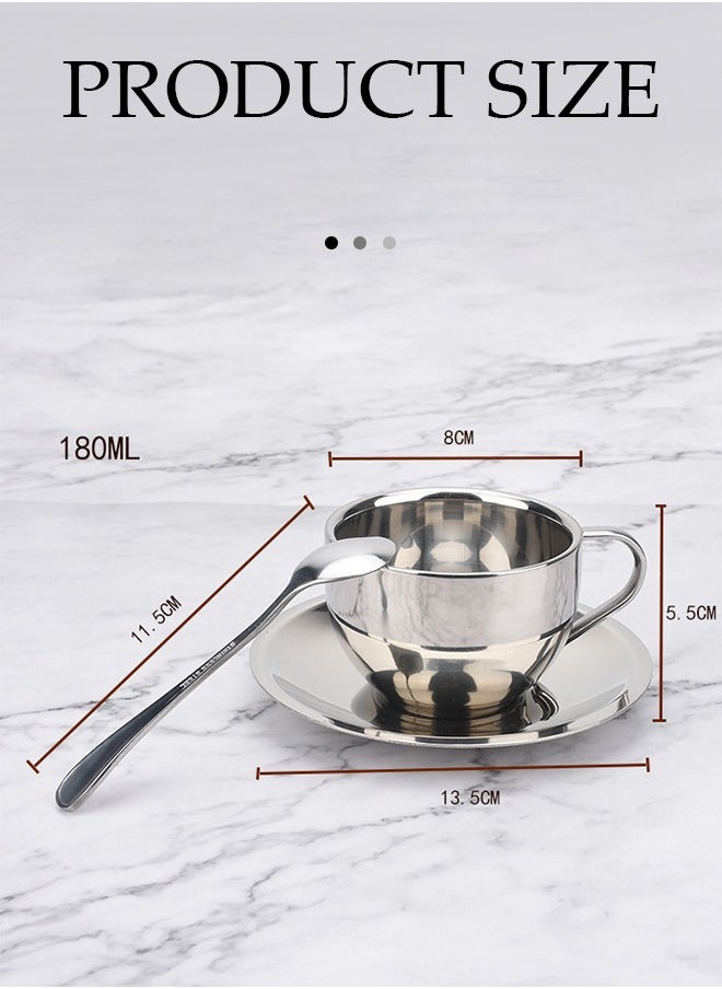 DUNISO Coffee Cup Set, Stainless Steel Espresso Cup, Portable Tea Cup，With  Plate And Spoon, Used For Latte, Cappuccino, Milk, Tea, 180ml, 8 * 5.5cm, Silver  - Image 2