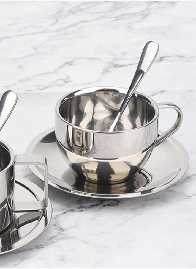 DUNISO Coffee Cup Set, Stainless Steel Espresso Cup, Portable Tea Cup，With  Plate And Spoon, Used For Latte, Cappuccino, Milk, Tea, 180ml, 8 * 5.5cm, Silver  - Image 4