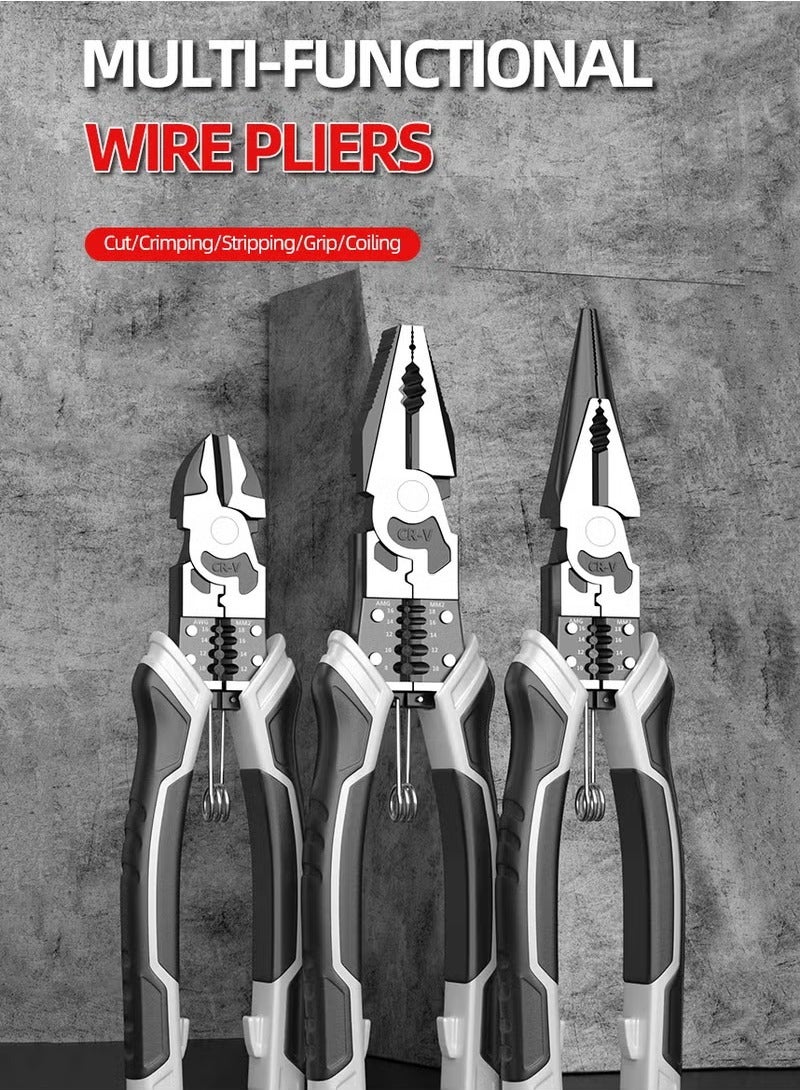 طقم كماشة متعددة الوظائف 3 قطع، تصنيع متميز من CR-V، يتضمن كماشة قطع بطول 9 بوصات، كماشة ذات أنف مدبب بطول 9 بوصات، وكماشة أنف مائل بطول 8 بوصات، أداة يدوية احترافية للقطع، التقلص، التقشير، الإمساك والتفاف - Image 2