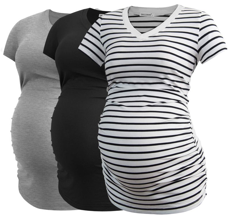 Smallshow Women's V Neck Maternity Clothes Tops Side Ruched Pregnancy T Shirt Large Black-Light Grey-White Stripe