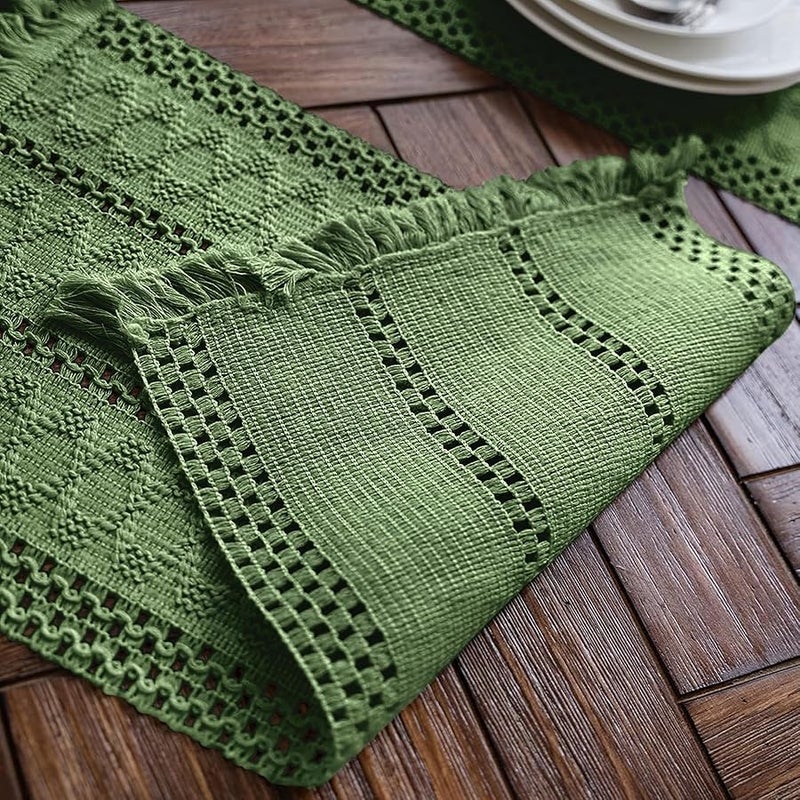 Alynsehom Macrame Table Runner Green Boho Table Runners with Tassels Hand Woven Cotton Table Runner Rustic Farmhouse Table Runners for Bohemian Kitchen Dining Table(12x60in) - Image 4