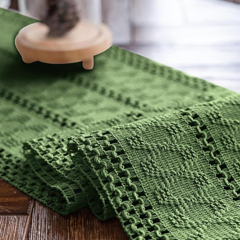 Alynsehom Macrame Table Runner Green Boho Table Runners with Tassels Hand Woven Cotton Table Runner Rustic Farmhouse Table Runners for Bohemian Kitchen Dining Table(12x60in) - Image 5
