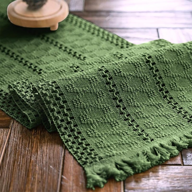 Alynsehom Macrame Table Runner Green Boho Table Runners with Tassels Hand Woven Cotton Table Runner Rustic Farmhouse Table Runners for Bohemian Kitchen Dining Table(12x60in) - Image 1