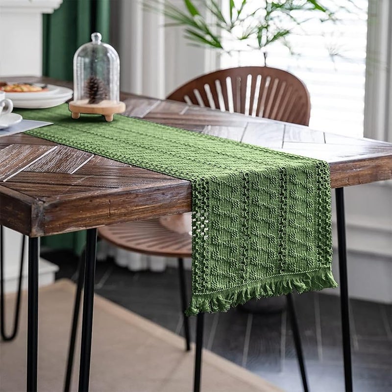 Alynsehom Macrame Table Runner Green Boho Table Runners with Tassels Hand Woven Cotton Table Runner Rustic Farmhouse Table Runners for Bohemian Kitchen Dining Table(12x60in) - Image 3