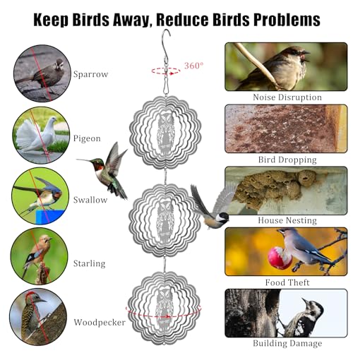 ToBeAce Owl Bird Deterrents for Outside,3D Stainless Steel Wind Spinners Outdoor Decor,Reflective Bird Scare Discs Set,Shiny Bird Reflectors to Keep Woodpecker Pigeon Away from House Patio Yard Porch - Image 3