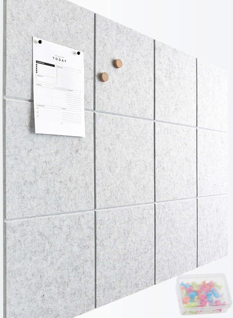 Large Bulletin Boards, 12 Pack Felt Wall Tiles with Safe Removable Adhesive Tabs and Box of Pushpins, Cork Board Alternative, Pin Board Tack Board for Office Walls (Light Grey) - Image 1