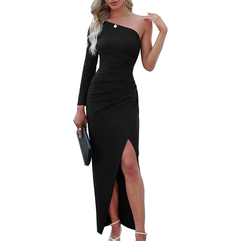 Sarin Mathews Womens One Shoulder Long Sleeve Cocktail Dresses Sexy Bodycon Ruched Wrap Split Party Formal Long Dress - Image 1