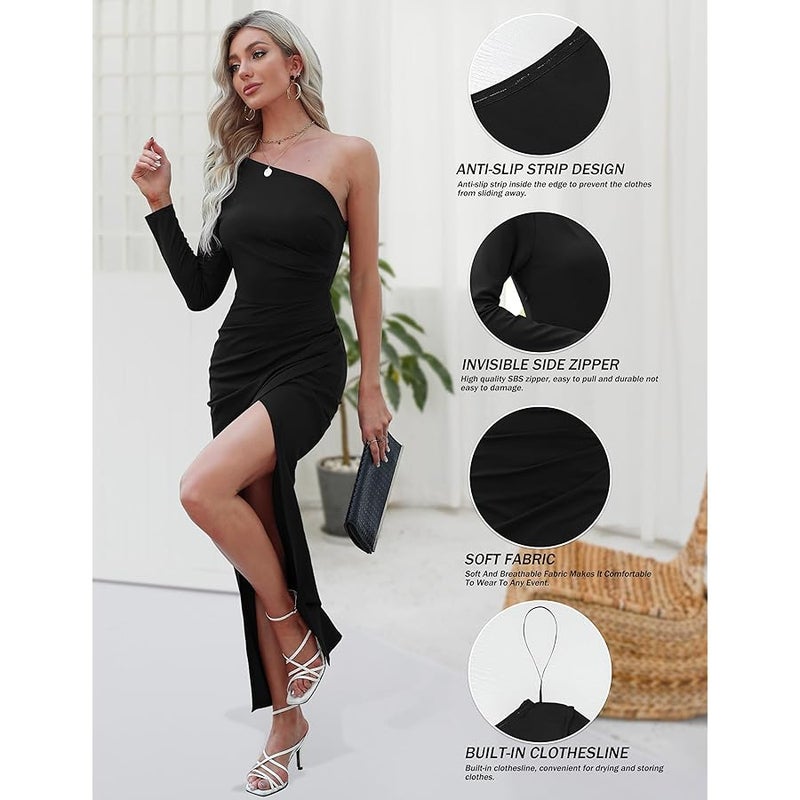 Sarin Mathews Womens One Shoulder Long Sleeve Cocktail Dresses Sexy Bodycon Ruched Wrap Split Party Formal Long Dress - Image 4