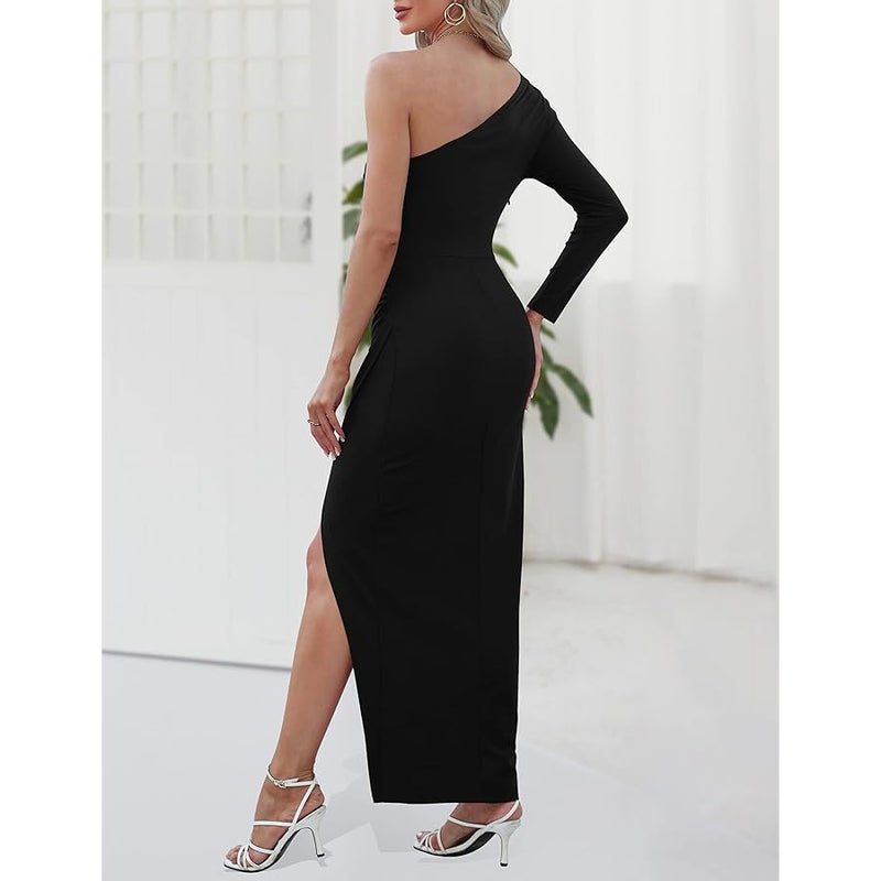 Sarin Mathews Womens One Shoulder Long Sleeve Cocktail Dresses Sexy Bodycon Ruched Wrap Split Party Formal Long Dress - Image 3