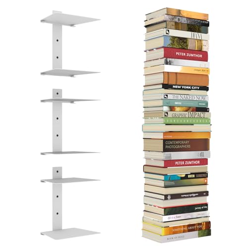 Mefirt Invisible Floating Bookshelves for Wall, 6 Tier Vertical Spine Book Tower, Heavy Duty Floating Book Shelves Metal Book Organizers for Home Office, 3 Pack(White) - Image 1
