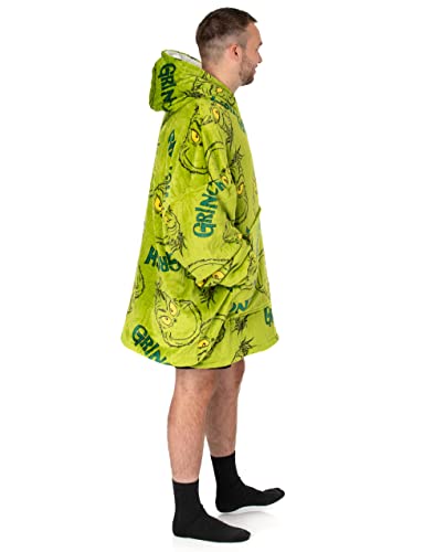 The Grinch Adults Oversized Wearable Blanket Options Green Sherpa Fluffy Fleece Embroidered and AOP Christmas Hoodie - Image 4