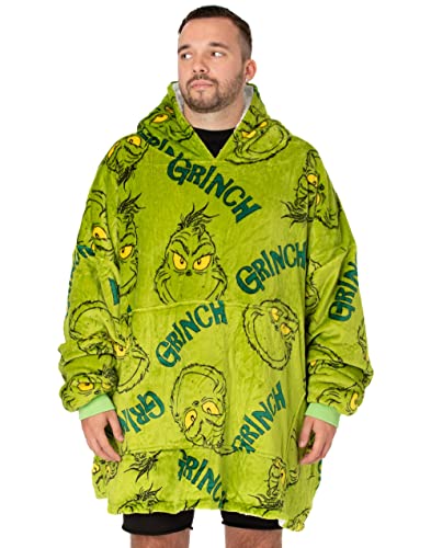 The Grinch Adults Oversized Wearable Blanket Options Green Sherpa Fluffy Fleece Embroidered and AOP Christmas Hoodie - Image 3